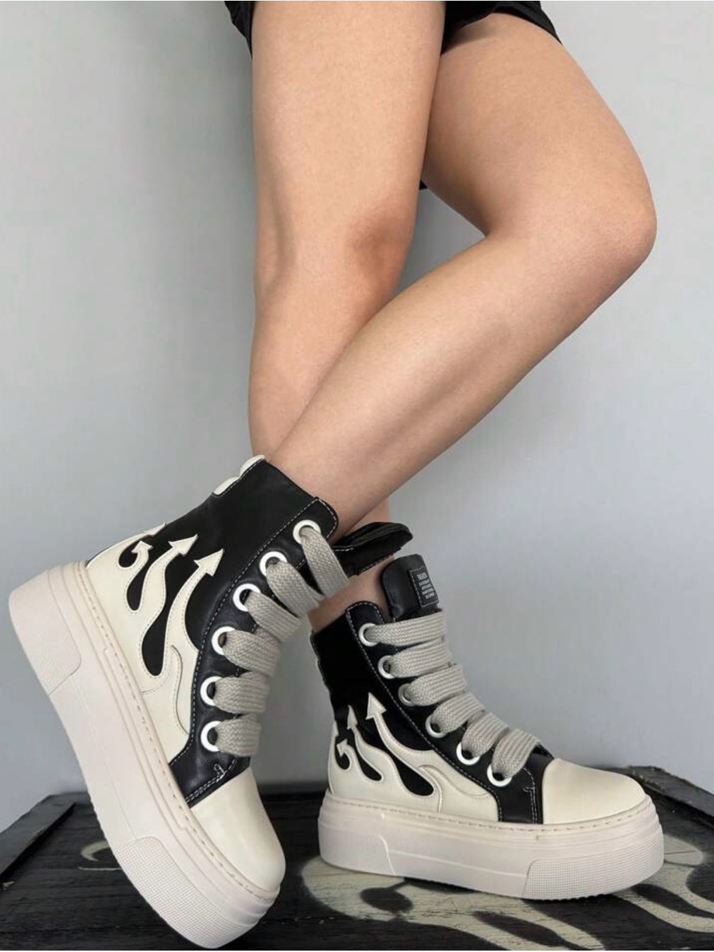Platform Lace-Up High-Top Sneakers in Black & Cream